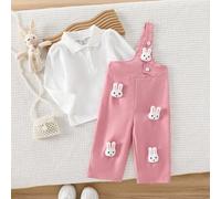 Shein Conjunto de niña bebé de camisa de manga larga con cuello polo y parche bordado de conejo y mono de un hombro tejido, para otoño/invierno, look casual