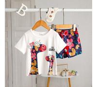 Shein Conjunto de niña con camiseta de manga corta y shorts con estampado de ciervos animados, para el verano