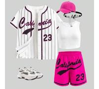 Shein Conjunto de niña preadolescente con chaqueta holgada estampada con letras vintage a rayas negras, top ajustado blanco y shorts fucsia