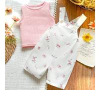 Shein Conjunto de pantalón con tirantes y top sin mangas con decoración floral dulce para niñas bebés, con ajuste suelto y cómodo, adecuado para salidas dia