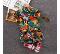 Shein Conjunto de pantalón corto y camisa de manga corta con estampado tropical de hojas y flores todo sobre todo para niño pequeño, verano