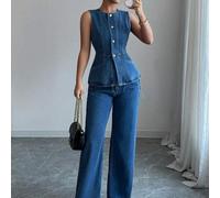 Shein Conjunto de pantalón vaquero largo y top sin mangas de botones fronteros de unicolor para mujer