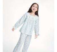 Shein Conjunto de pantalones de manga larga con cuello cuadrado de encaje y estampado de amor para niñas preadolescentes, nuevo en primavera y otoño, lind