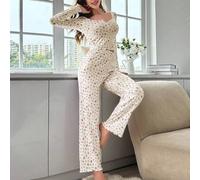 Shein Conjunto de pijama acanalado con pequeño estampado de rosas, ropa de otoño e invierno con esplendor floral abundante, detalles acogedores y elegantes