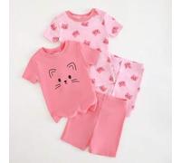 Shein Conjunto de pijama ajustado para bebé niña con 4 piezas: top de punto de cuello redondo de manga corta con estampado de gato de dibujos animados y pan