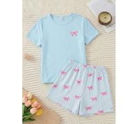 Shein Conjunto de pijama casual y cómodo de 2 piezas con top de manga corta de cuello redondo elegante y minimalista en color rosa con moño, y shorts a raya