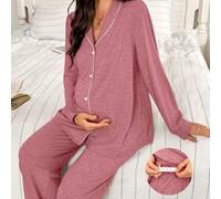 Shein Conjunto de pijama cómodo de 2 piezas con top de manga larga y pantalones con ribete de contraste, estilo Moonlight & Mama, para invierno