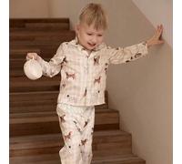 Shein Conjunto de pijama cómodo y holgado de pantalón y top de manga larga con estampado de perro lindo en solapa para niño pequeño, retardante de llama