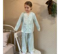 Shein Conjunto de pijama con blusa de manga larga con botones y pantalones con encaje en contraste para niña