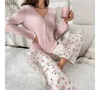Shein Conjunto de pijama con camisa abotonada y pantalones con estampado floral / Conjunto de pijama Temporada festiva Esplendor floral abundante Detalles a