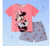 Shein Conjunto de pijama con camiseta de manga corta rosa con estampado de Disney y pantalones cortos, outfit casual para niñas, cómodo para primavera/veran