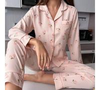 Shein Conjunto de pijama con estampado de cerezas en todo el diseño y ribete de contraste. Conjunto de pijama de temporada navideña con esplendor floral abu