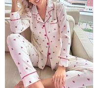 Shein Conjunto de pijama con estampado de cerezas en todo el diseño y ribetes contrastantes. Conjunto de pijama con esplendor floral abundante para la tempo