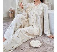 Shein Conjunto de pijama con top de cuello de corbata y pantalones con estampado de burbujas texturizadas, esplendor floral abundante, ropa de otoño e invie