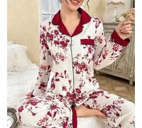 Shein Conjunto de pijama con top de cuello estampado y pantalones para mujer, temporada festiva con esplendor floral abundante, detalles acogedores y elegan