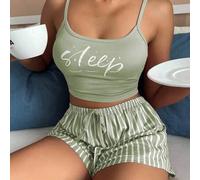 Shein Conjunto de pijama con top tipo camiseta con gráfico de letra y shorts a rayas para la temporada navideña