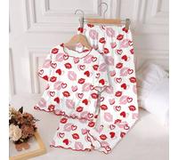 Shein Conjunto de pijama de 2 piezas con camiseta de punto con estampado de labios y corazones y pantalones holgados con volantes en el bajo, adecuado para