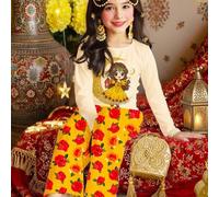 Shein Conjunto de pijama de 2 piezas con diseño de impresión de niña de dibujos animados, diseño de rosa burdeos, estrella y luna, ajuste delgado y casual,