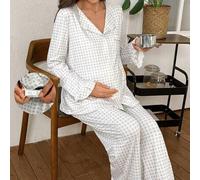 Shein Conjunto de pijama de 2 piezas con pantalón y blusa de manga larga con bolsillo en el pecho, estampado a cuadros, para maternidad, para invierno