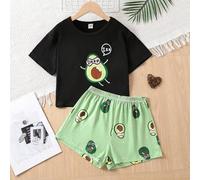 Shein Conjunto de pijama de 2 piezas con pantalones cortos y blusa de manga corta con estampado de flor y aguacate, cómodo y lindo para niñas preadolescente
