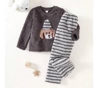 Shein Conjunto de pijama de 2 piezas con perro de dibujos animados bordado, top de manga larga y pantalones cómodos y casuales para niño pequeño, para invie
