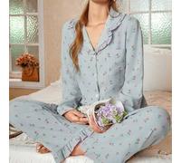 Shein Conjunto de pijama de 2 piezas con top con cuello y volantes y pantalones con estampado floral diminuto, para la temporada festiva, esplendor floral a