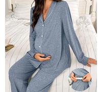 Shein Conjunto de pijama de 2 piezas de top de manga larga con cuello de chal y pantalones sueltos con botones para mujeres embarazadas, ropa de otoño e inv