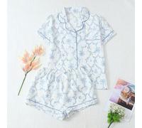 Shein Conjunto de pijama de 2 piezas para mujer con top de manga corta con cuello y estampado de árbol de coco y barco, y shorts con lazo, cómodo, primavera