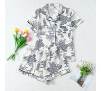 Shein Conjunto de pijama de 2 piezas para mujer con top de manga corta con cuello y shorts con lazo, estampado de coco, palmera y jirafa, cómodo, primavera/