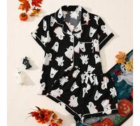 Shein Conjunto de pijama de 2 piezas para mujeres con blusa de manga corta con cuello y estampado de fantasmas divertidos, y pantalones cortos con lazo para