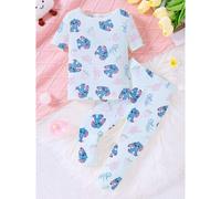 Shein Conjunto de pijama de 2 piezas para niñas pequeñas, con blusa de cuello redondo de manga corta y pantalones, en tela de seda de leche, con estampado d