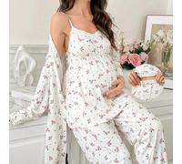 Shein Conjunto de pijama de 3 piezas con camiseta de tirantes de encaje floral, pantalones y bata para maternidad, ropa de otoño e invierno