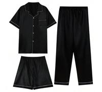 Shein Conjunto de pijama de 3 piezas para hombre - Pantalón largo, bata de seda, cárdigan de manga corta con botones, cómodo y suave short de verano, bata d