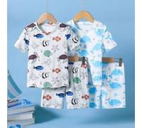 Shein Conjunto de pijama de 4 piezas para niños pequeños con estampado de criaturas marinas de dibujos animados, de manga corta y pantalón corto, de ajuste