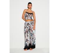 Shein Conjunto de pijama de dormir con top de tirantes con estampado de remolino y ribete de encaje y pantalones de pierna ancha, ropa de estar en casa coor