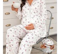Shein Conjunto de pijama de manga larga con contraste de encaje floral romántico Moonlight & Mama para mujeres embarazadas, conjunto de pijama floral, pijam