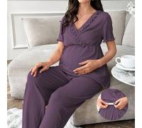 Shein Conjunto de pijama de maternidad con pantalones de manga corta, cuello en V y volantes de unicolor