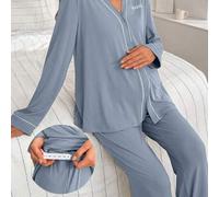 Shein Conjunto de pijama de maternidad de 2 piezas con top de manga larga con cuello en V con bordado de letras y ribete de contraste y pantalones, para oto