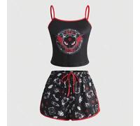 Shein Conjunto de pijama de mujer con diseño gótico de gato demonio, cielo estrellado, libro mágico y llave esqueleto con ribete de contraste