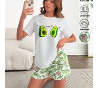Shein Conjunto de pijama de mujer de 2 piezas de algodón con camisa de manga corta con estampado de aguacate lindo y pantalones cortos de dormir con estampa