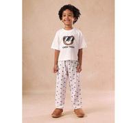 Shein Conjunto de pijama de oso de peluche cansado para niños, con pantalones estampados, personaje lindo, ropa de dormir para temporada festiva, atuendo de