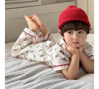 Shein Conjunto de pijama de pantalón y top de manga corta con estampado de perro y corazón de dibujos animados y ribete de contraste para niño pequeño, prim