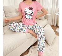 Shein Conjunto de pijama de Sanrio Hello Kitty para mujer, incluye pantalones con cordón y top de manga corta, adecuado para primavera/verano