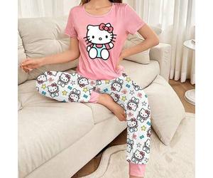 Shein Conjunto de pijama de Sanrio Hello Kitty para mujer, incluye pantalones con cordón y top de manga corta, adecuado para primavera/verano