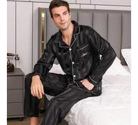 Shein Conjunto de pijama de satén para hombre, bata de seda con pantalón largo, camisa de manga larga con botones y bordado de letras a rayas, ropa de estar