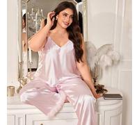 Shein Conjunto de pijama de talla grande con camisola de satén rosa claro a rayas con cuello en V & pantalones largos con dobladillo ondulado