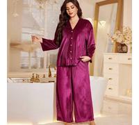 Shein Conjunto de pijama de talla grande de LuxeNights con top de manga larga de hombros caídos de terciopelo y pantalones casuales holgados, ropa de invier
