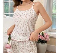 Shein Conjunto de pijama de top de camisola y shorts con estampado floral romántico para mujer, lencería nupcial, esplendor floral abundante con detalles ac