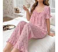 Shein Conjunto de pijama de top de manga corta con cuello cuadrado y lazo de gasa con estampado floral diminuto y pantalones, detalles cómodos y elegantes p