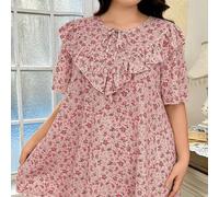 Shein Conjunto de pijama de top fluido con cuello de lazo y pantalones con estampado floral diminuto y volantes para mujer talla grande